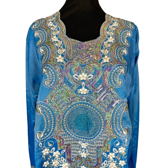 Luxurious Blue Kaftan Abaya Embellished Maxi Dress Long Sleeve‎ - Picture 2 of 5
